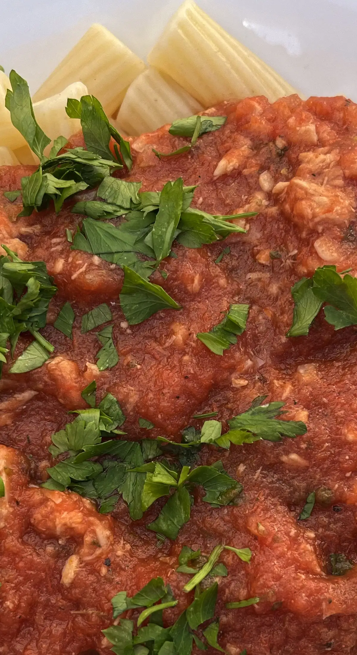 Atún con salsa de tomate sobre rigatoni