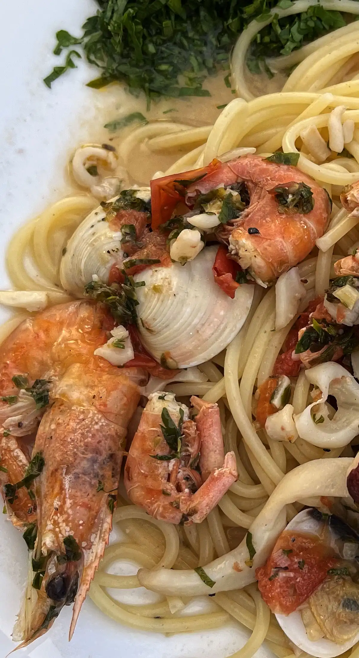 Mariscos sobre espaguetis